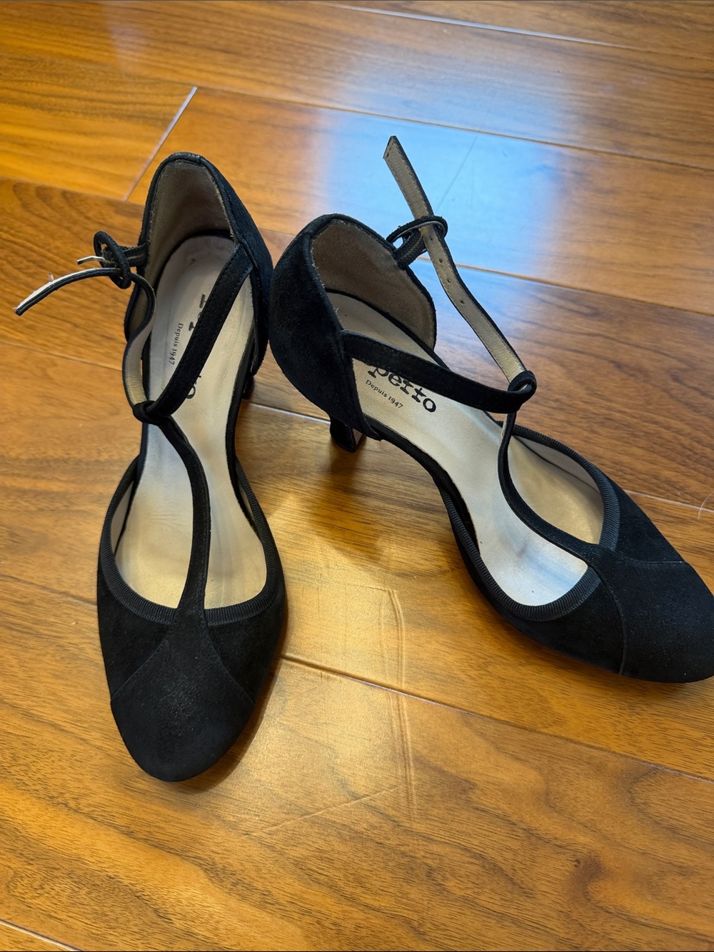 Repetto Black Suede T-Strap Mid-Heels